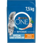 Sac PURINA ONE Bifensis 7,5 kg avec croquettes visibles au poulet.
