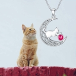 Collier en argent 925 avec pendentif chat dans la lune et pierre de naissance.