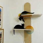 Chat adulte perché sur une étagère murale design, utilisant le griffoir intégré.