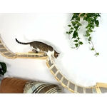 Chat jouant sur un escalier mural en bois de bouleau avec brosse à gratter en sisal naturel.