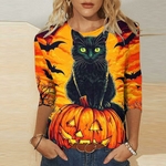 T-shirt Halloween femme chat noir sur citrouille lumineuse