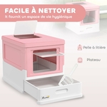 Détail poignée et tiroir maison de toilette design premium pour chat.