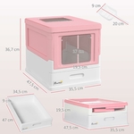Bac à litière design rose blanc avec tiroir coulissant et pelle luxe chat.