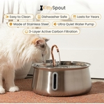 Fontaine premium chat acier inoxydable KittySpout vue éclatante robinet.