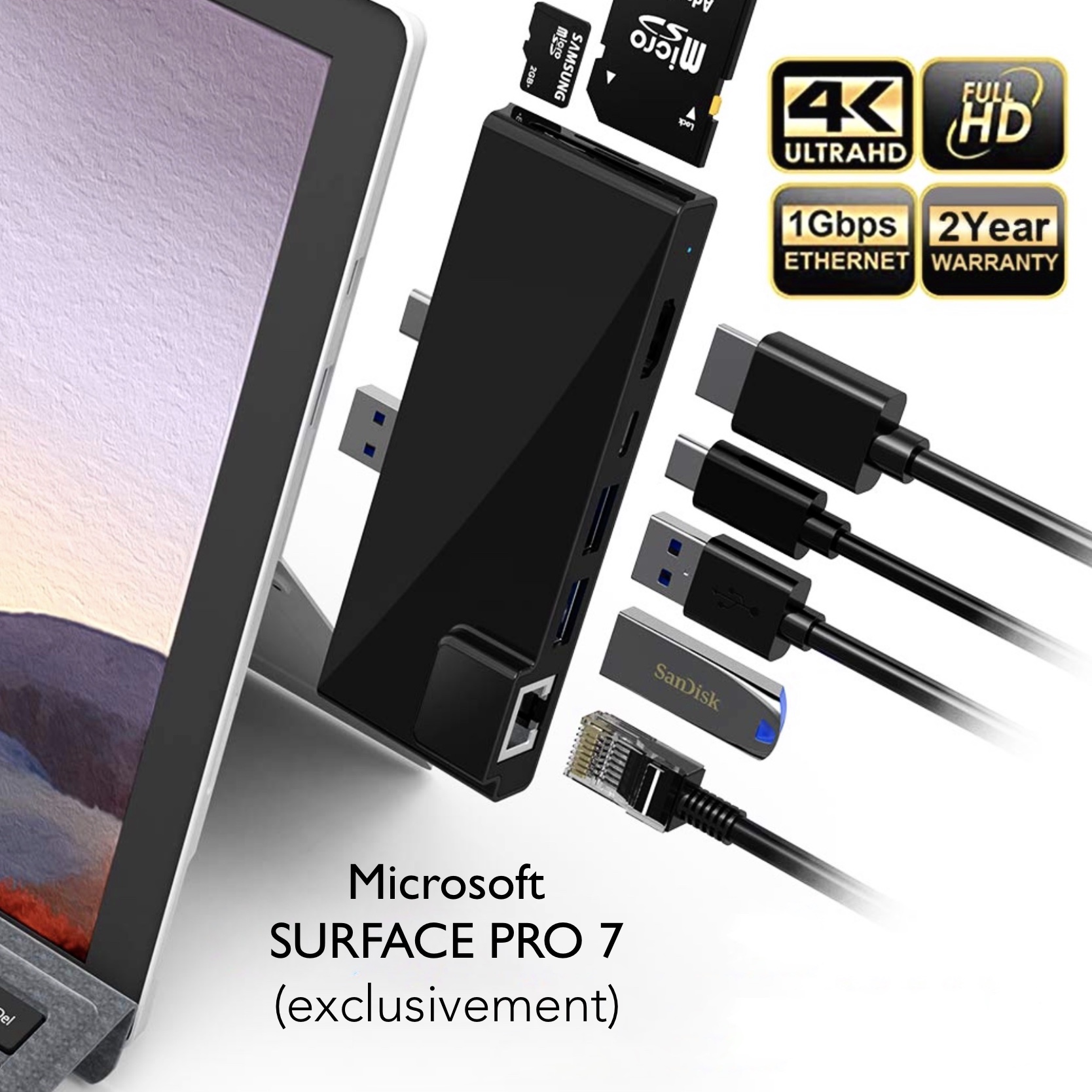 HUB USB-C SURFACE PRO 7 7 en 1 vers HDMI 4K 2 x USB-A Ethernet USB-C PD  Carte SD et Micro SD - Surface PRO 7/Charge - Synchronisation - Univers- surface