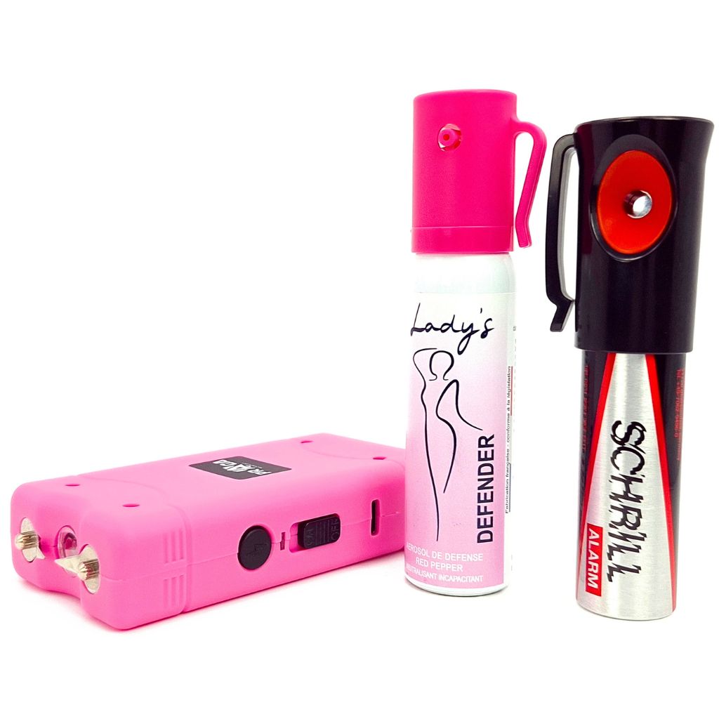 Kit de défense Ladys avec shocker électrique bombe gel poivre et alarme anti-agression