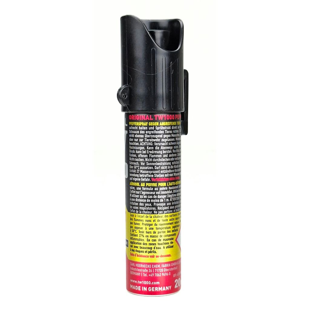 Bombe poivre 20 ml légal tw1000  vue trois quart sur fond blanc