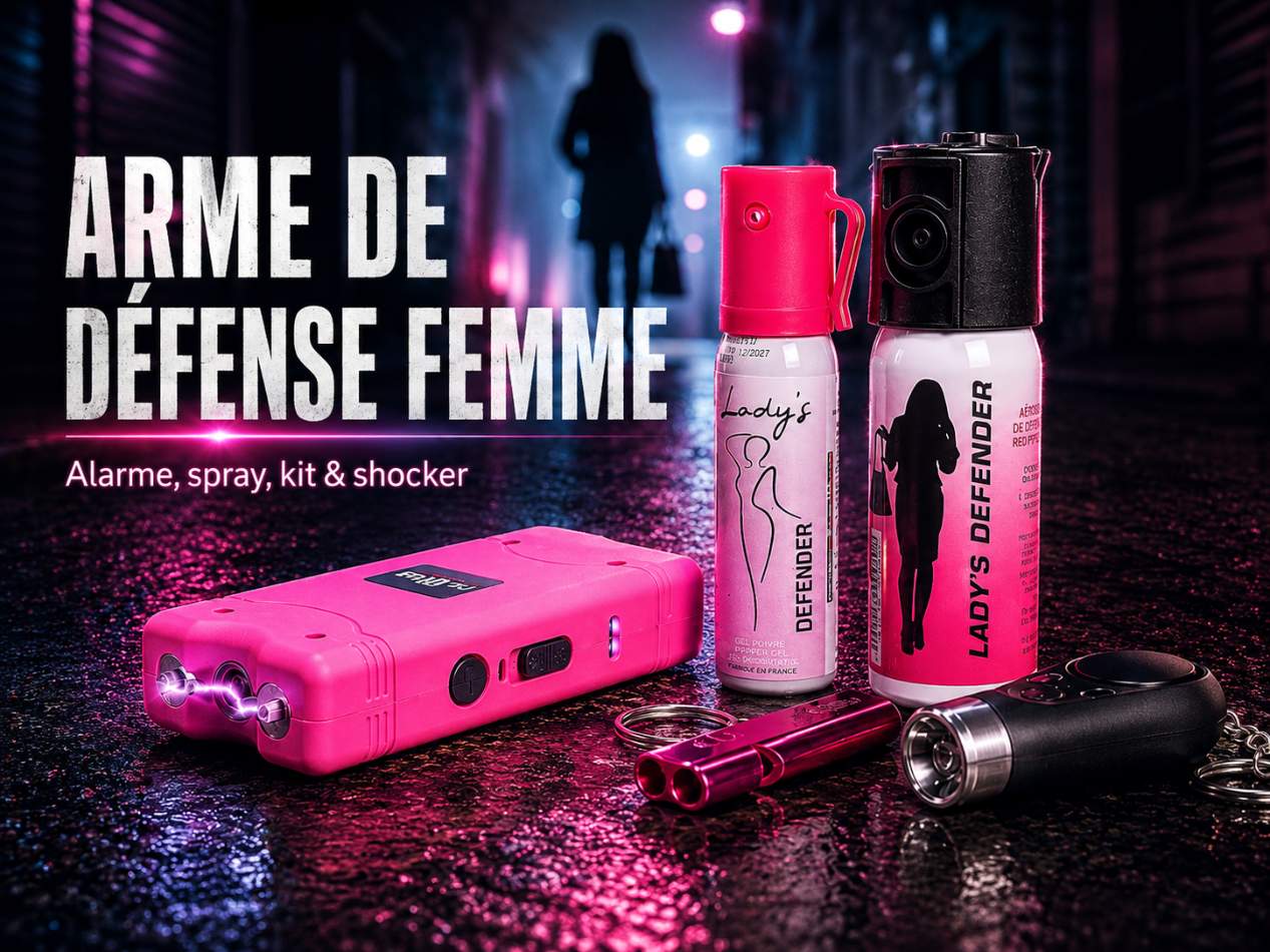 Arme de défense femme avec alarme, spray lacrymogène, shocker et sifflet