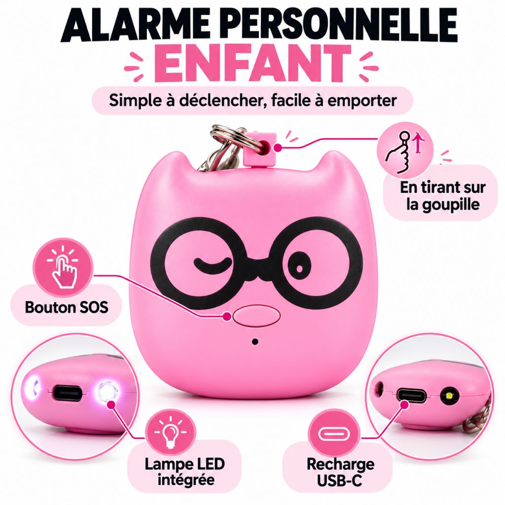 Alarme personnelle enfant rose AlertChild rechargeable caractéristique