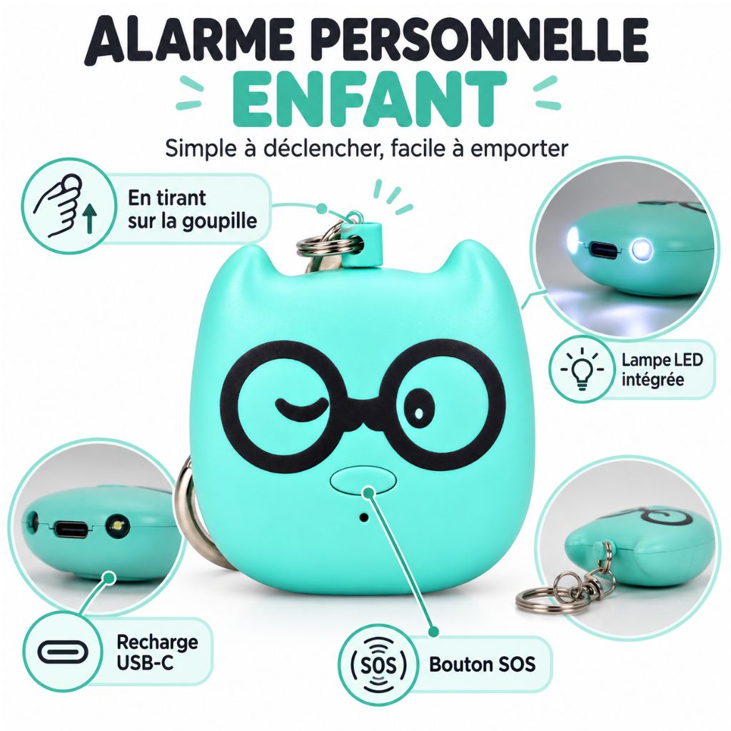 Alarme enfant AlertChild verte avec lampe LED clignotante explication