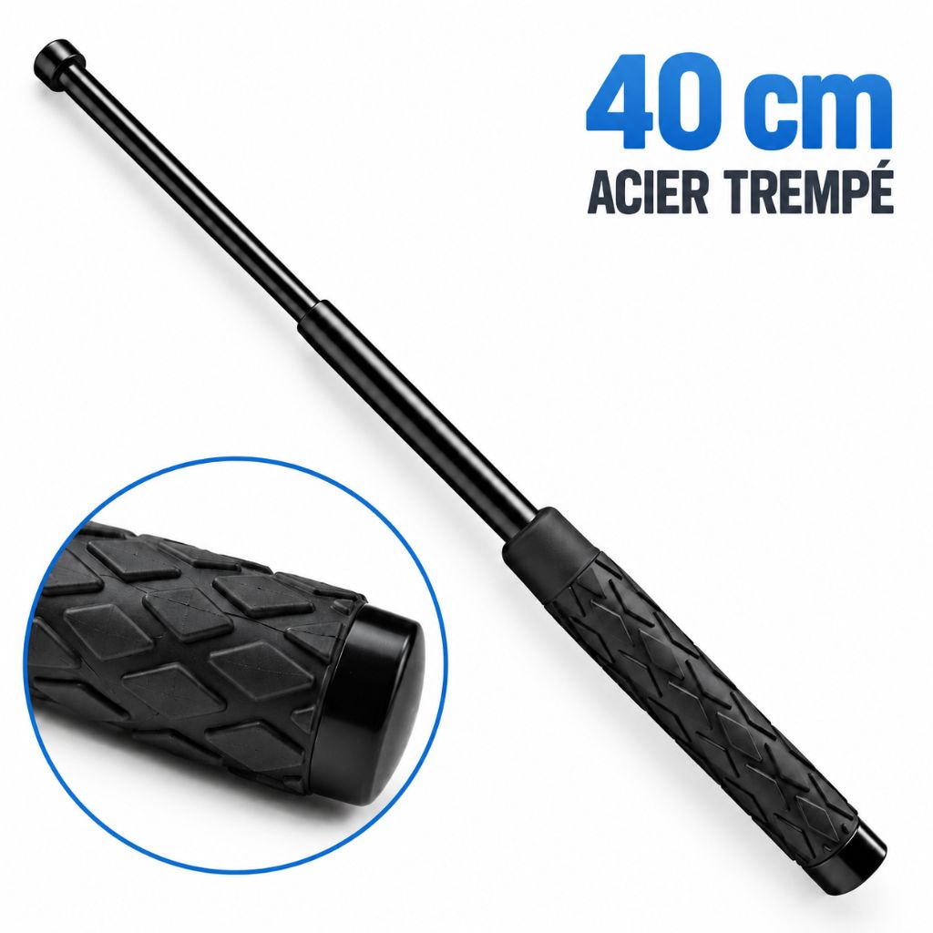 Matraque télescopique compacte en acier trempé, 16 pouces (40 cm), déployée avec poignée antidérapante noire
