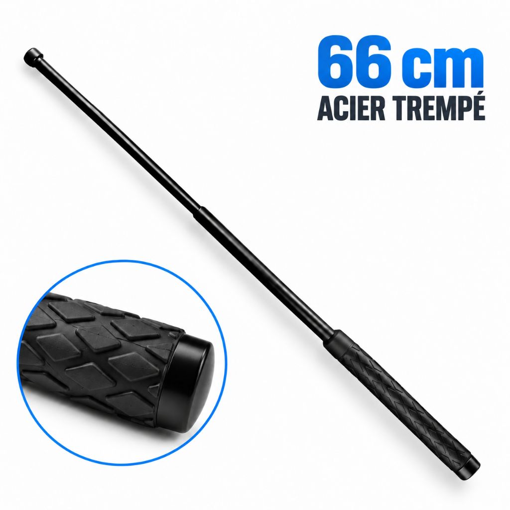 Matraque extensible 26 pouces (66 cm) en acier trempé noir, dépliée