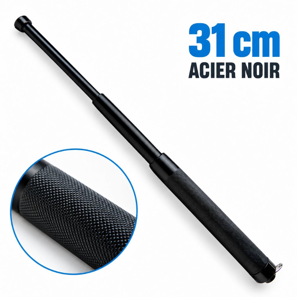 Mini matraque télescopique noire de 31 cm (12 pouces), format compact, présentée déployée