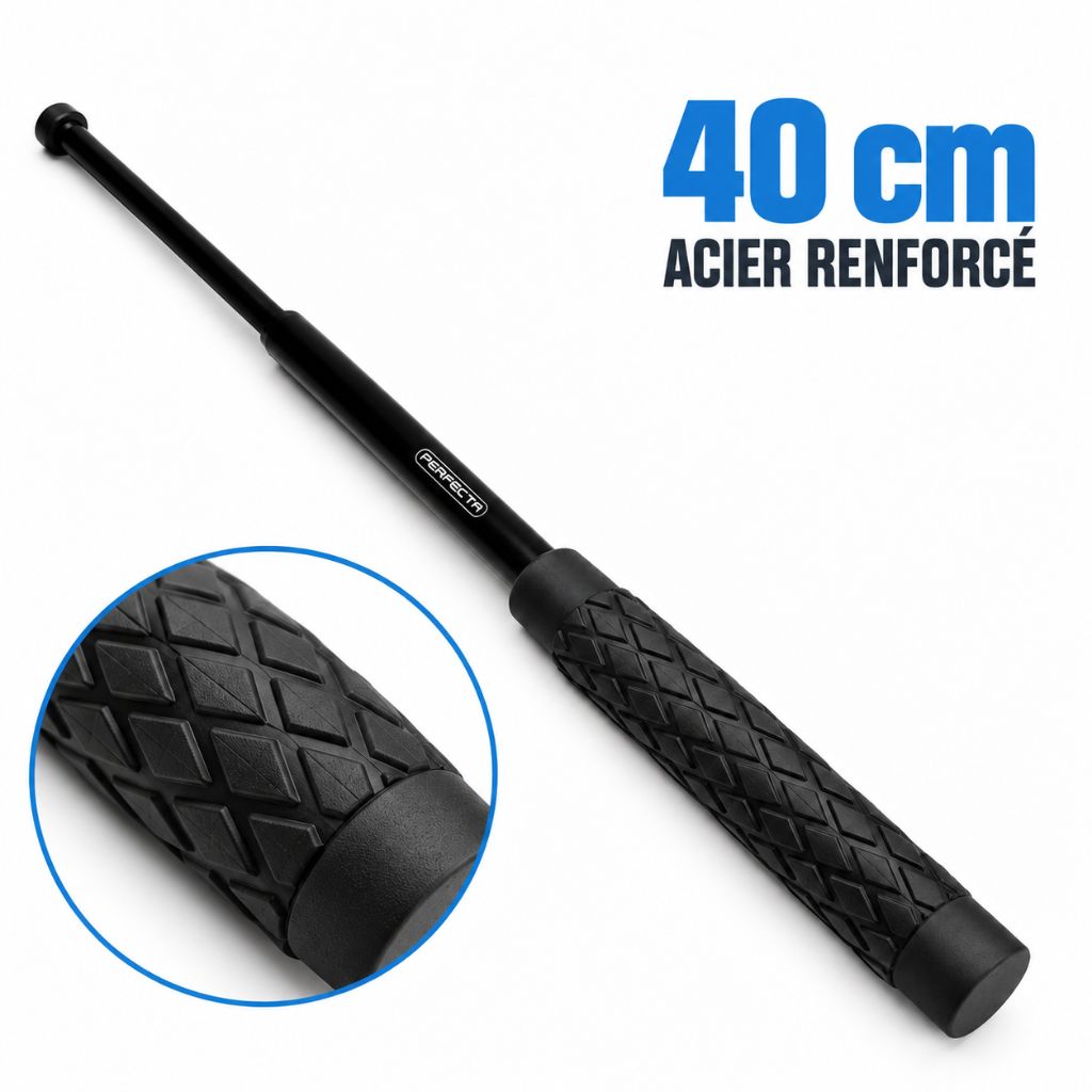 Matraque télescopique Perfecta 40 cm en acier renforcé, finition noire mat, déployée