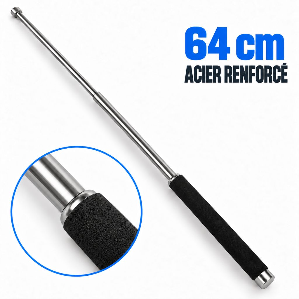 Bâton de défense Perfecta 64 cm en acier, déployé, vu de profil