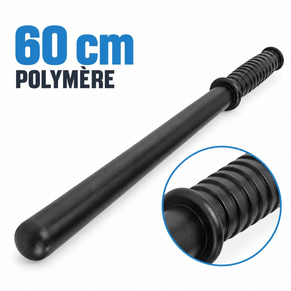 Matraque type police rigide Walther 60 cm en polymère noir haute résistance, poignée texturée
