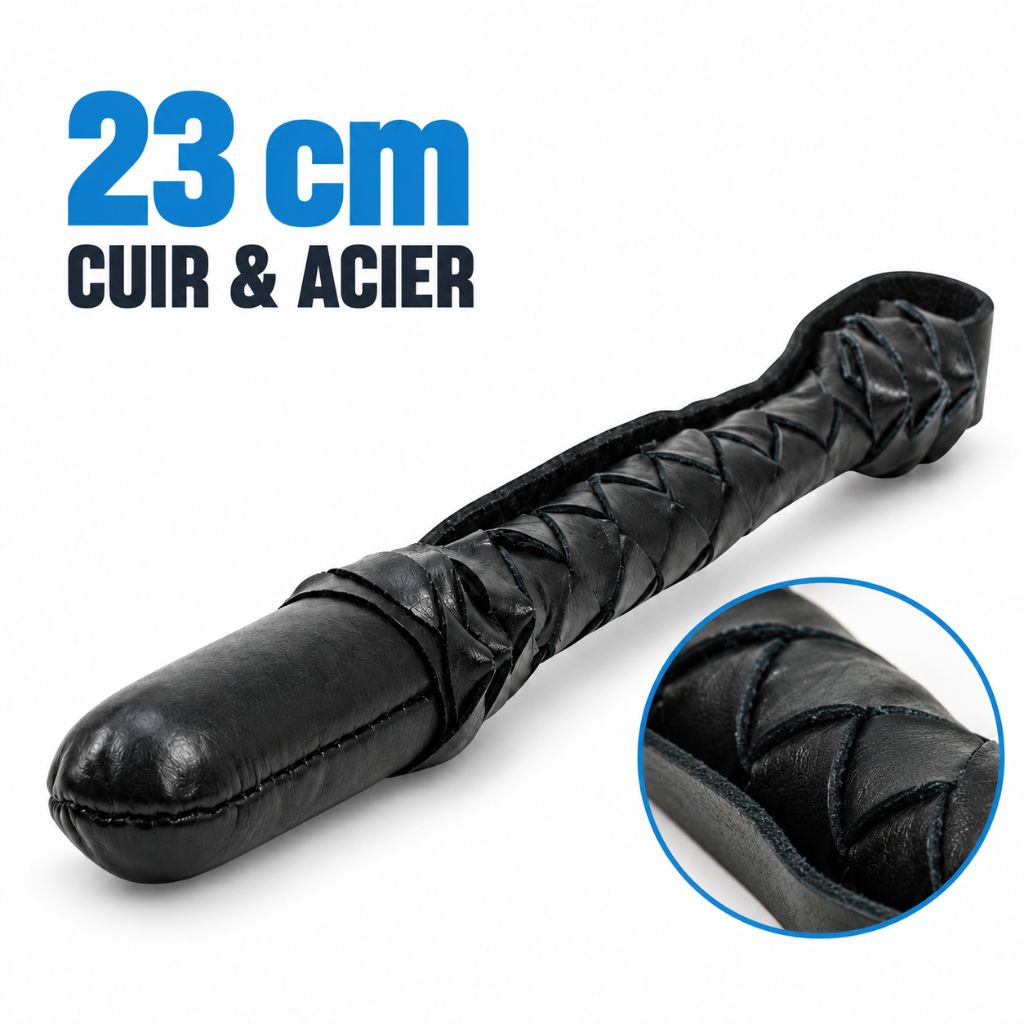 Gourdin lourd Piranha 23 cm de 390 g, cuir noir tressé à la main sur âme en acier