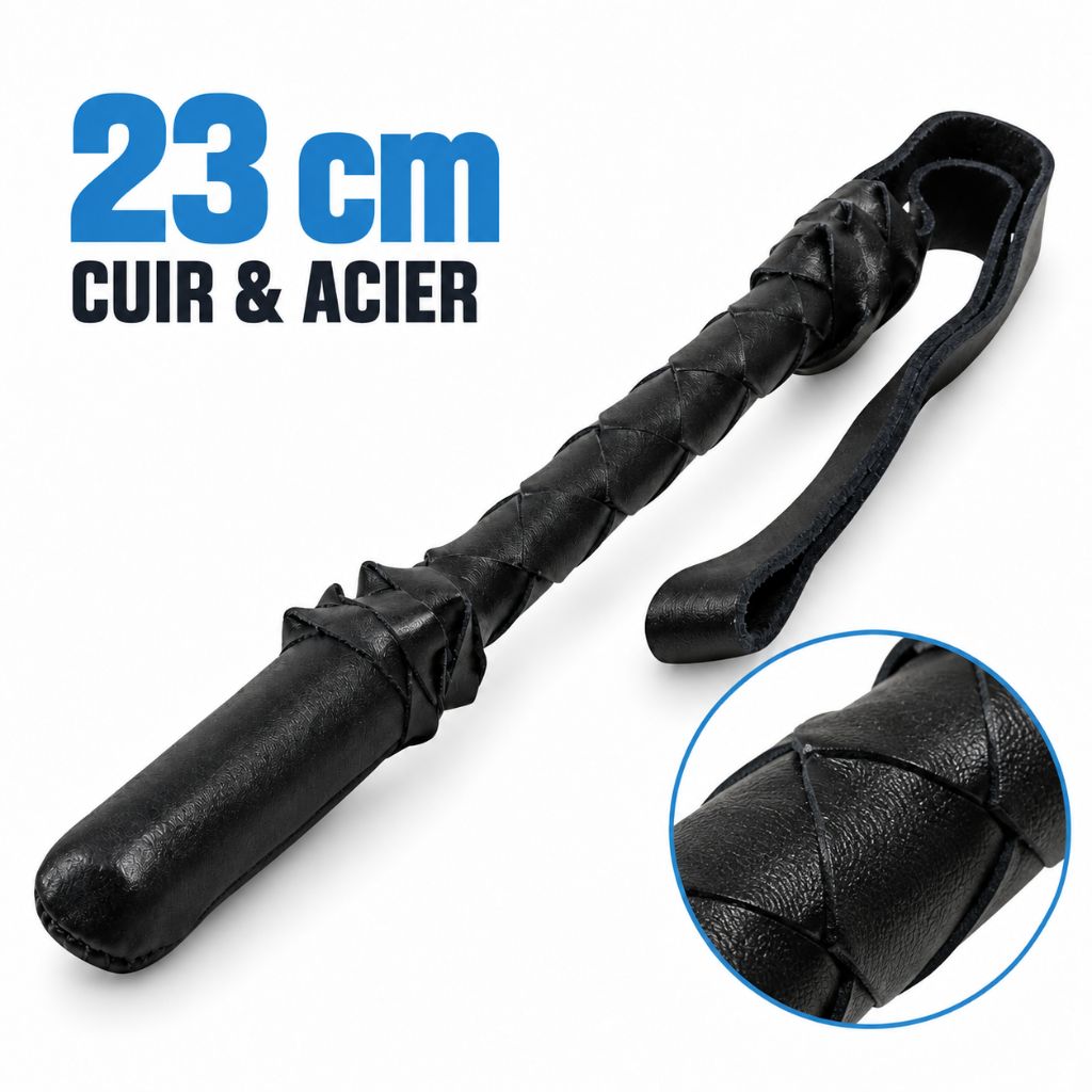 atraque gourdin Piranha 23 cm en cuir tressé noir sur âme en acier, version légère de 210 g