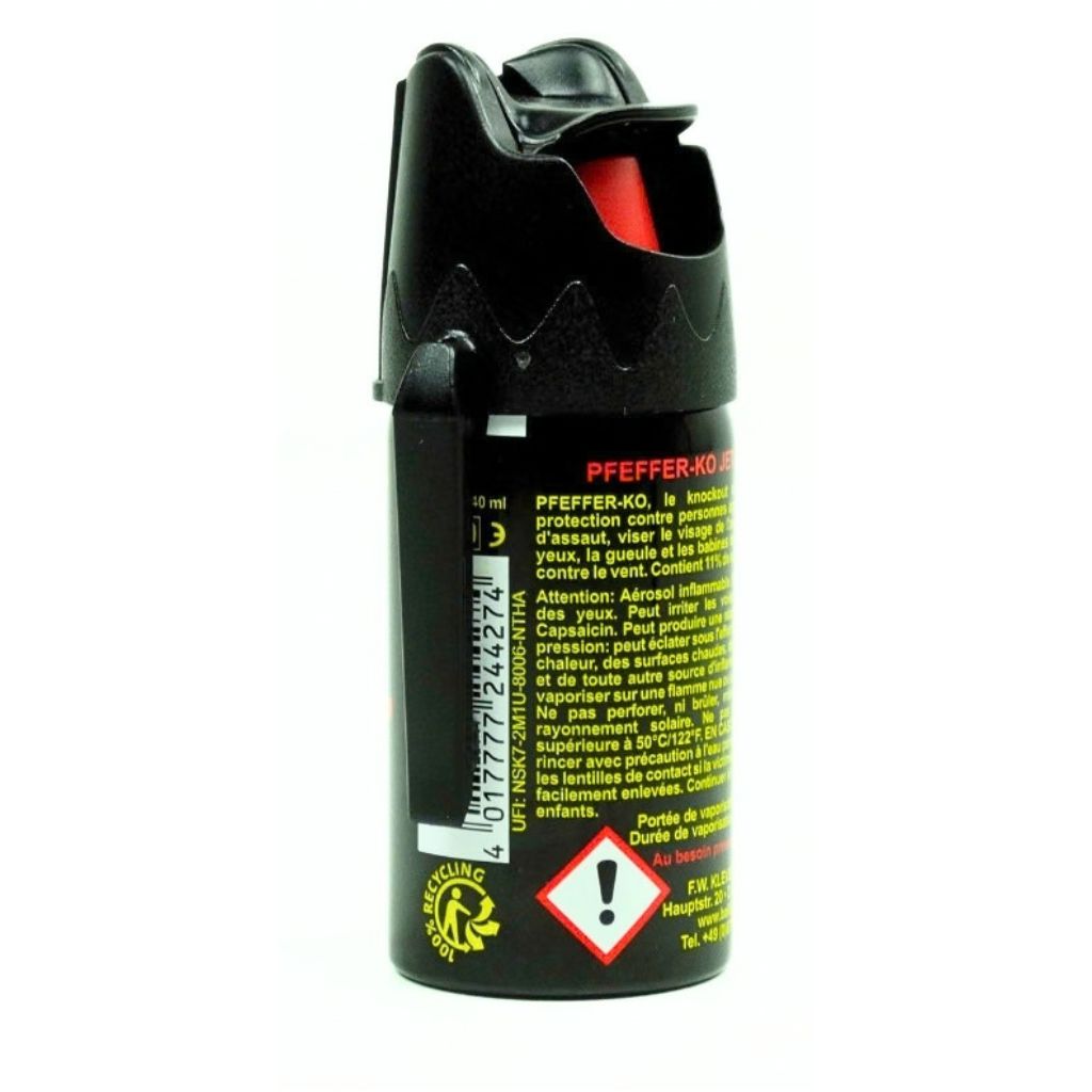 Bombe de défense poivre KO Jet 40 ml, format compact 12 cm