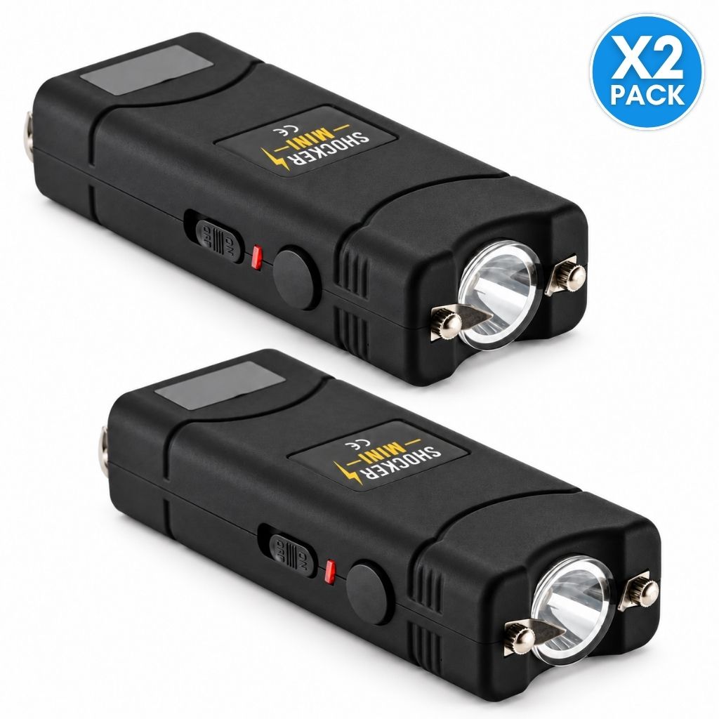 Deux tasers de poche noirs rechargeables avec câbles de recharge, lot un pour vous et un pour un proche