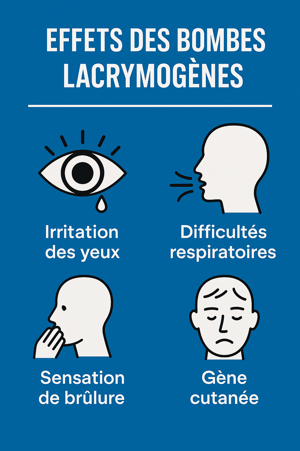 Effets d'une bombe lacrymogène : larmoiement, gêne respiratoire, picotements de la peau et durée des effets selon CS ou poivre OC