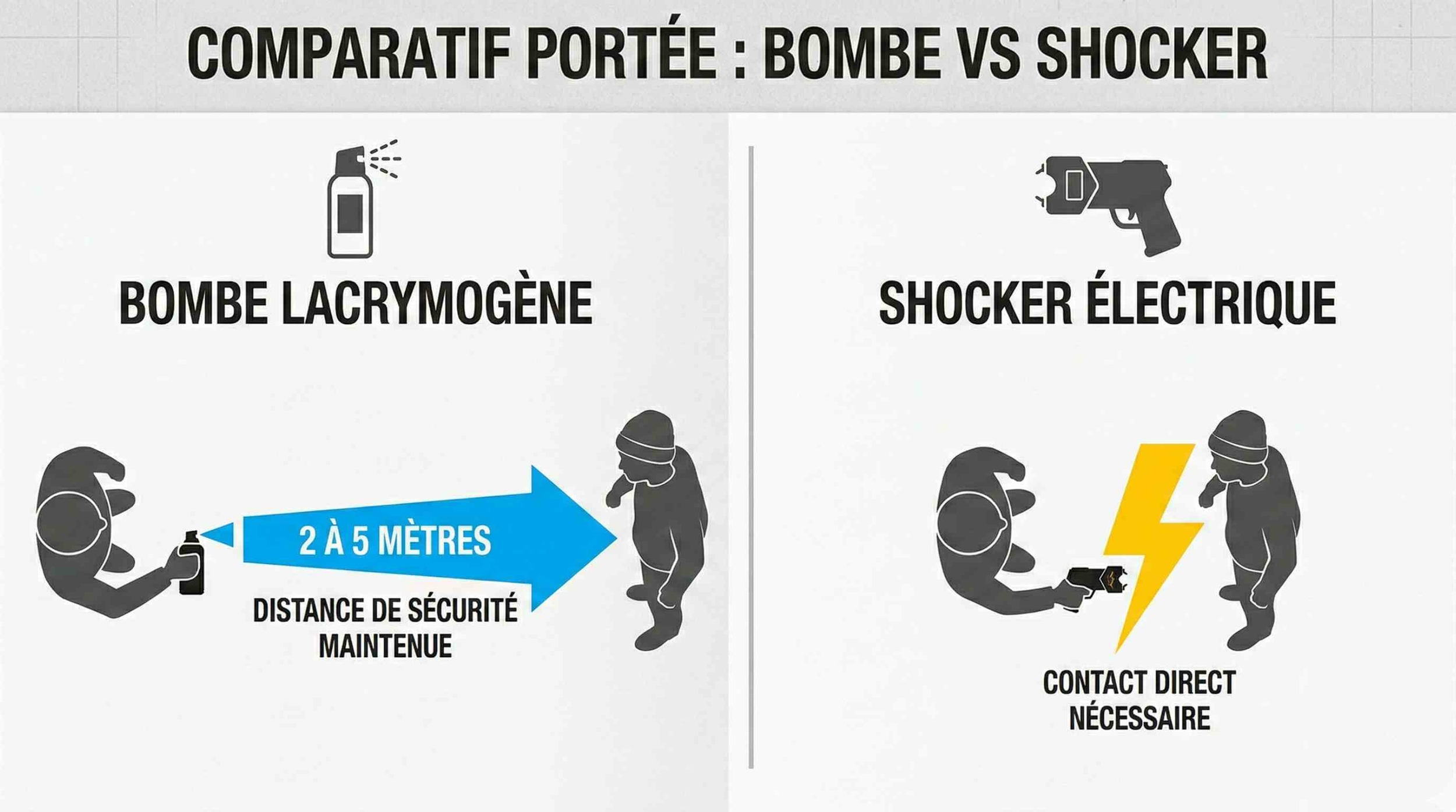 Infographie comparative : portée d'action de la bombe lacrymogène vs contact direct du shocker