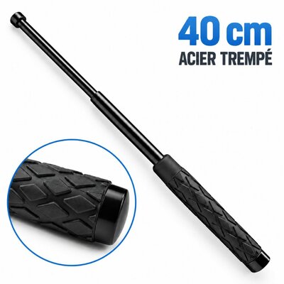 Matraque télescopique compacte en acier trempé, 16 pouces (40 cm), déployée avec poignée antidérapante noire