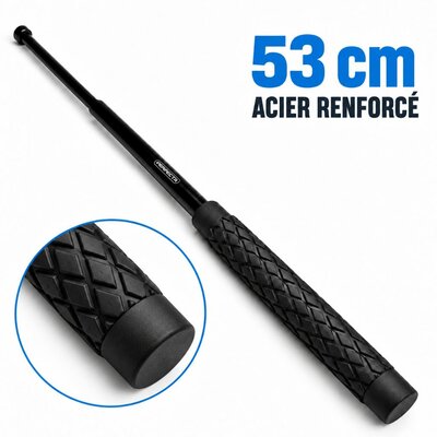 Matraque télescopique 53 cm en acier renforcé traité thermiquement, noire, en position déployée