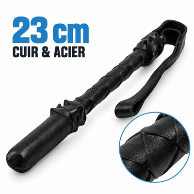 atraque gourdin Piranha 23 cm en cuir tressé noir sur âme en acier, version légère de 210 g