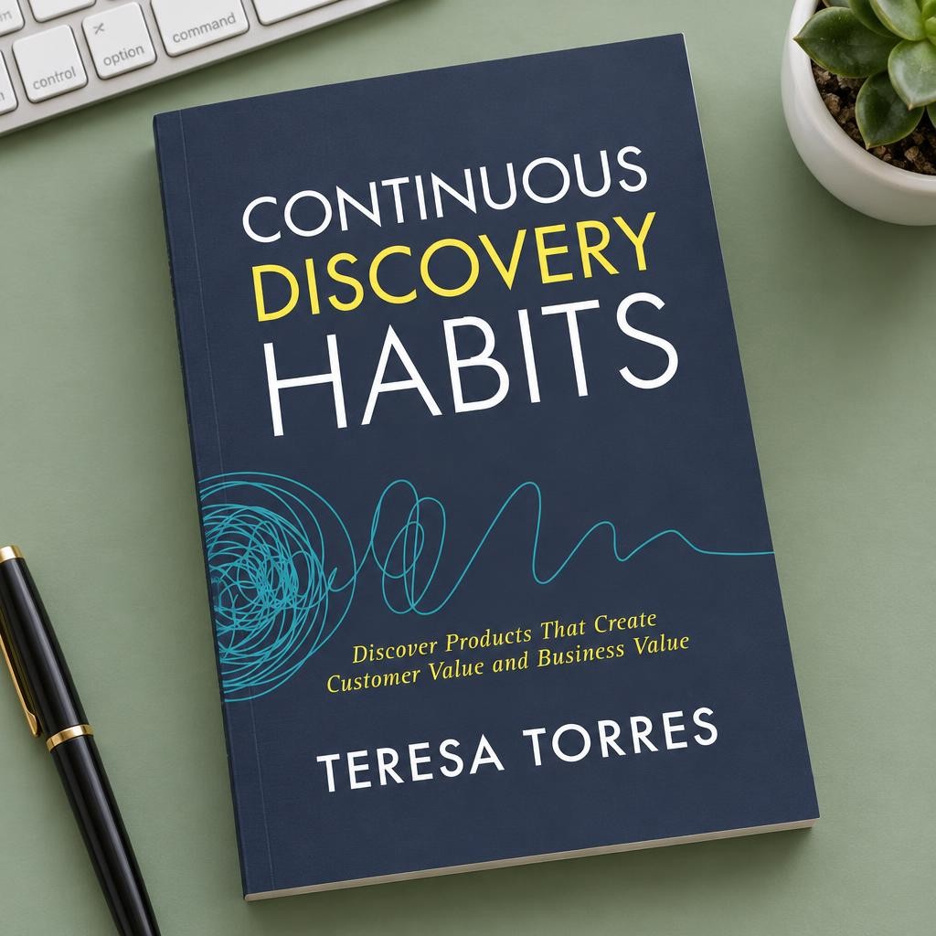 Continuous Discovery Habits by Teresa Torres lying on a desk with a keyboard, a plant and a pen
