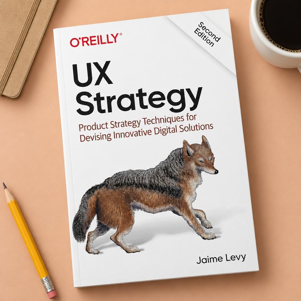 UX Strategy by Jaime Levy lying on a desk with a coffee mug, a notebook and a pencil