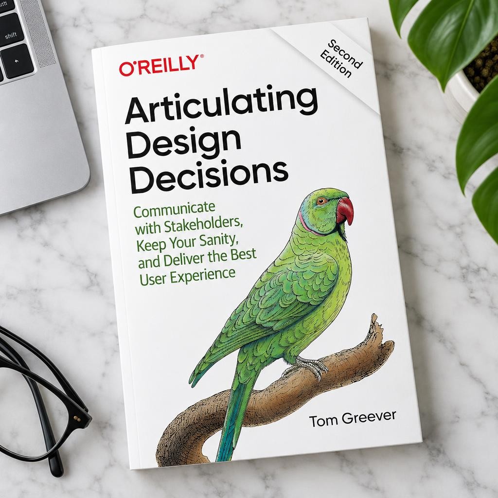 Articulating Design Decisions by Tom Greever on a marble desk with a plant, glasses and a keyboard