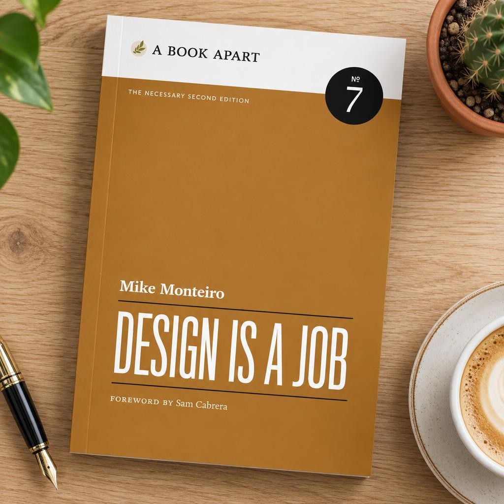 Design Is a Job by Mike Monteiro on a wooden desk with a cactus, a cappuccino and a fountain pen