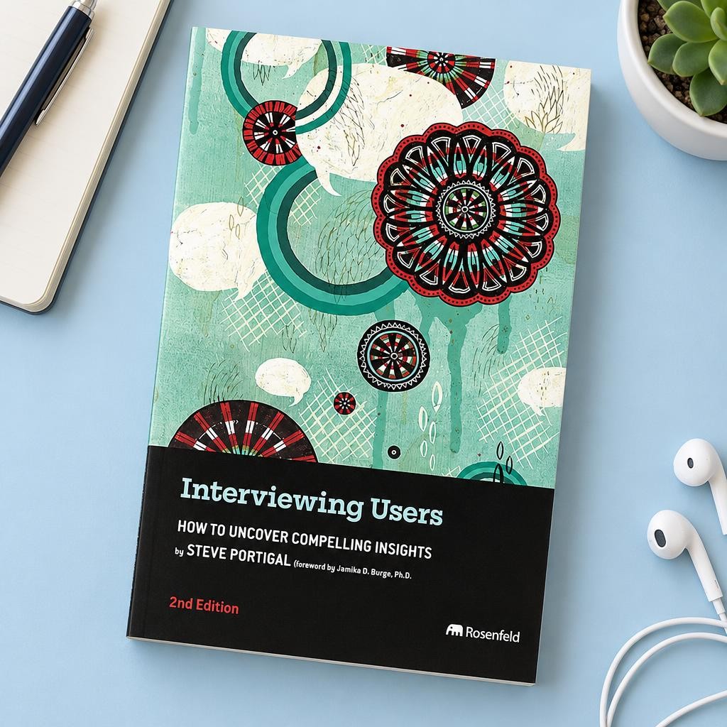Interviewing Users by Steve Portigal on a desk with a notebook, a succulent and earphones