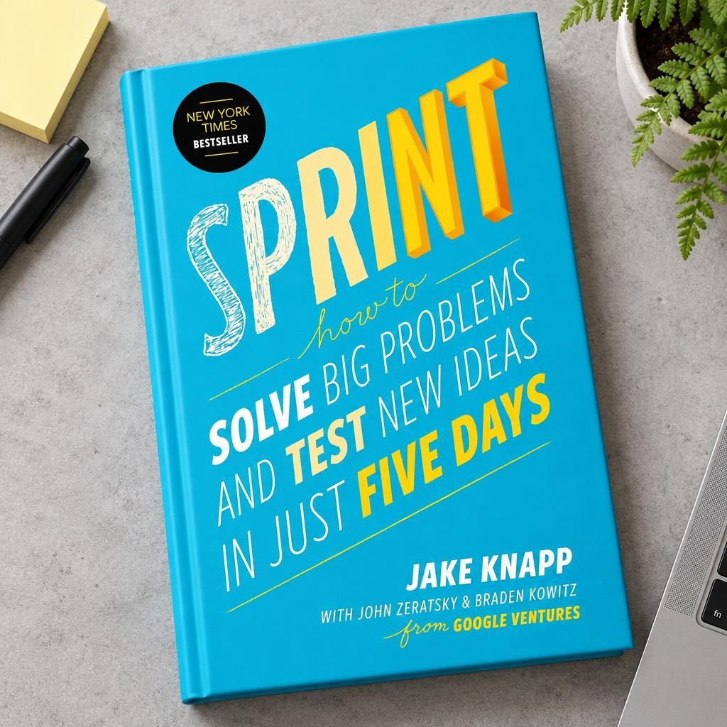 Sprint by Jake Knapp, John Zeratsky and Braden Kowitz, hardcover, on a desk with sticky notes and a fern