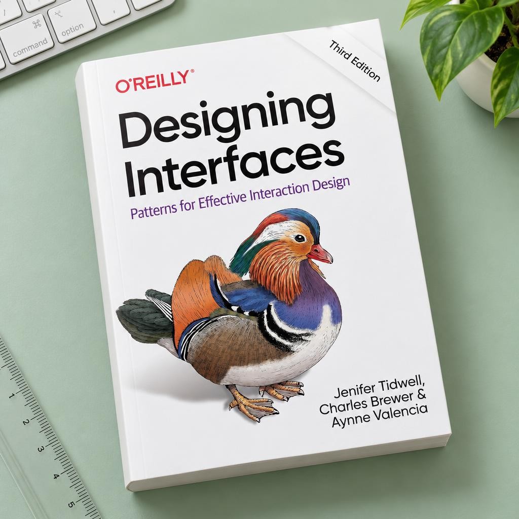 Designing Interfaces, third edition, on a desk with a keyboard, a ruler and a plant
