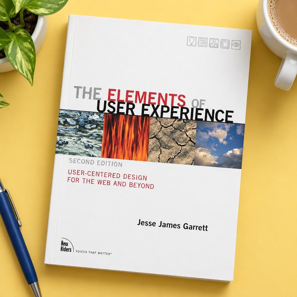 The Elements of User Experience by Jesse James Garrett on a desk with a coffee mug, a pen and a plant