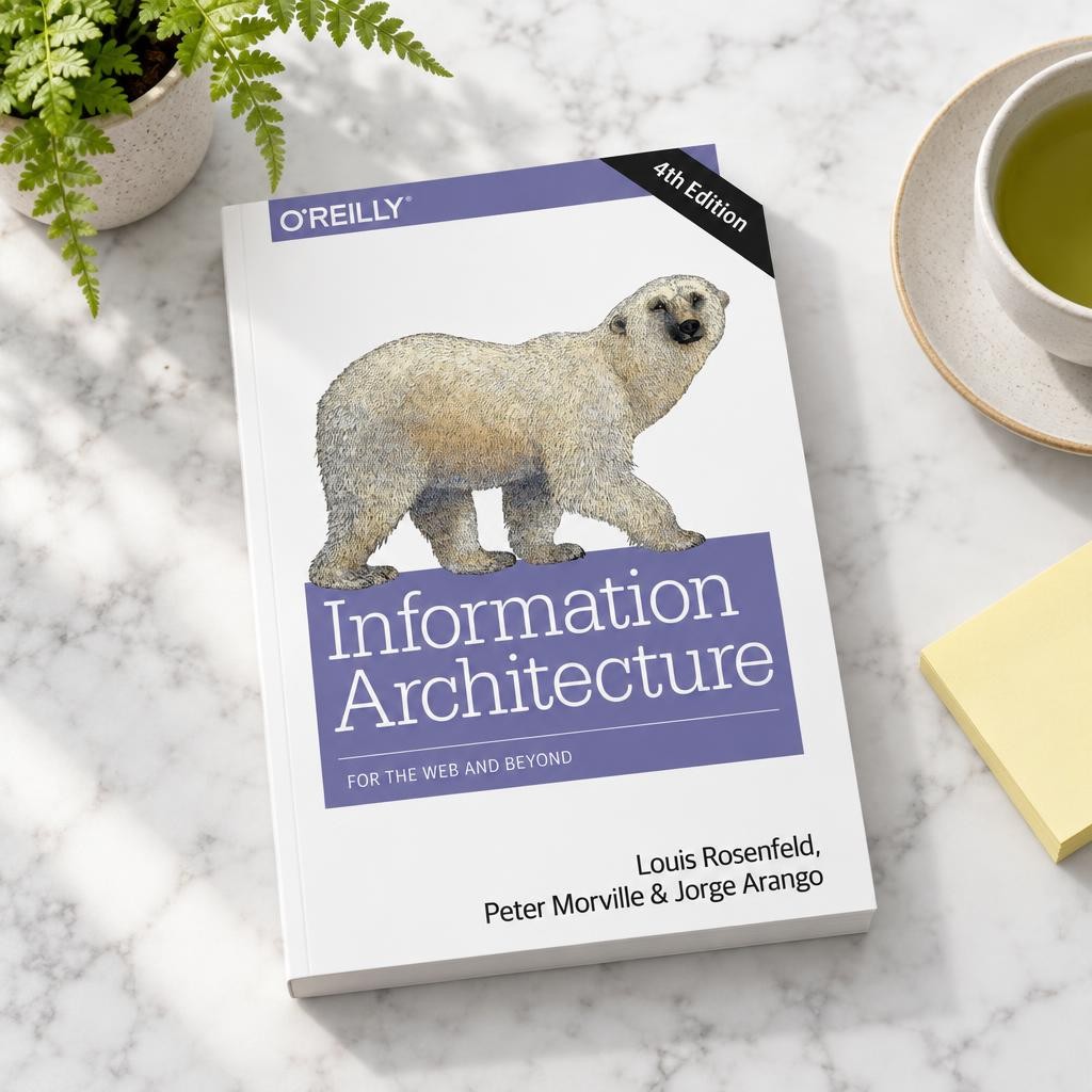 Information Architecture by Rosenfeld, Morville and Arango on a white marble desk with a fern, a tea cup and sticky notes