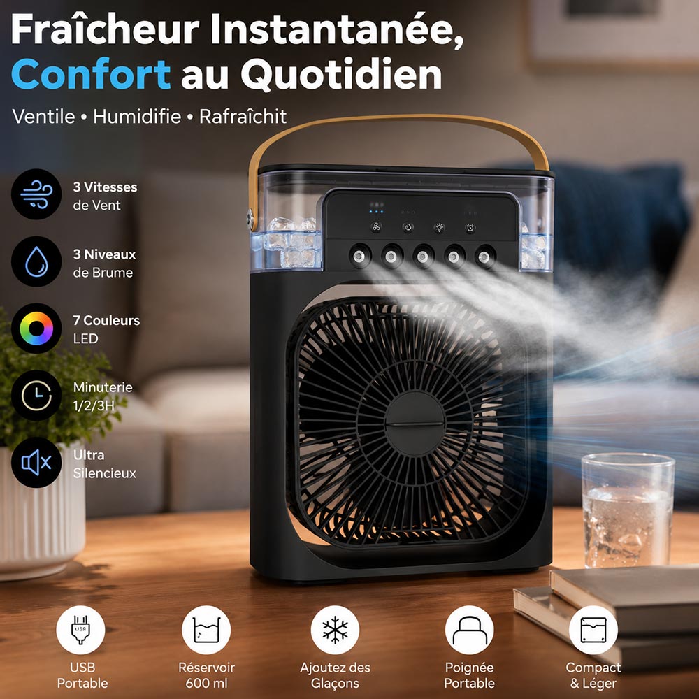 Rafraîchisseur d\'air personnel 3-en-1 | Ventilateur • Humidificateur • Brumisateur