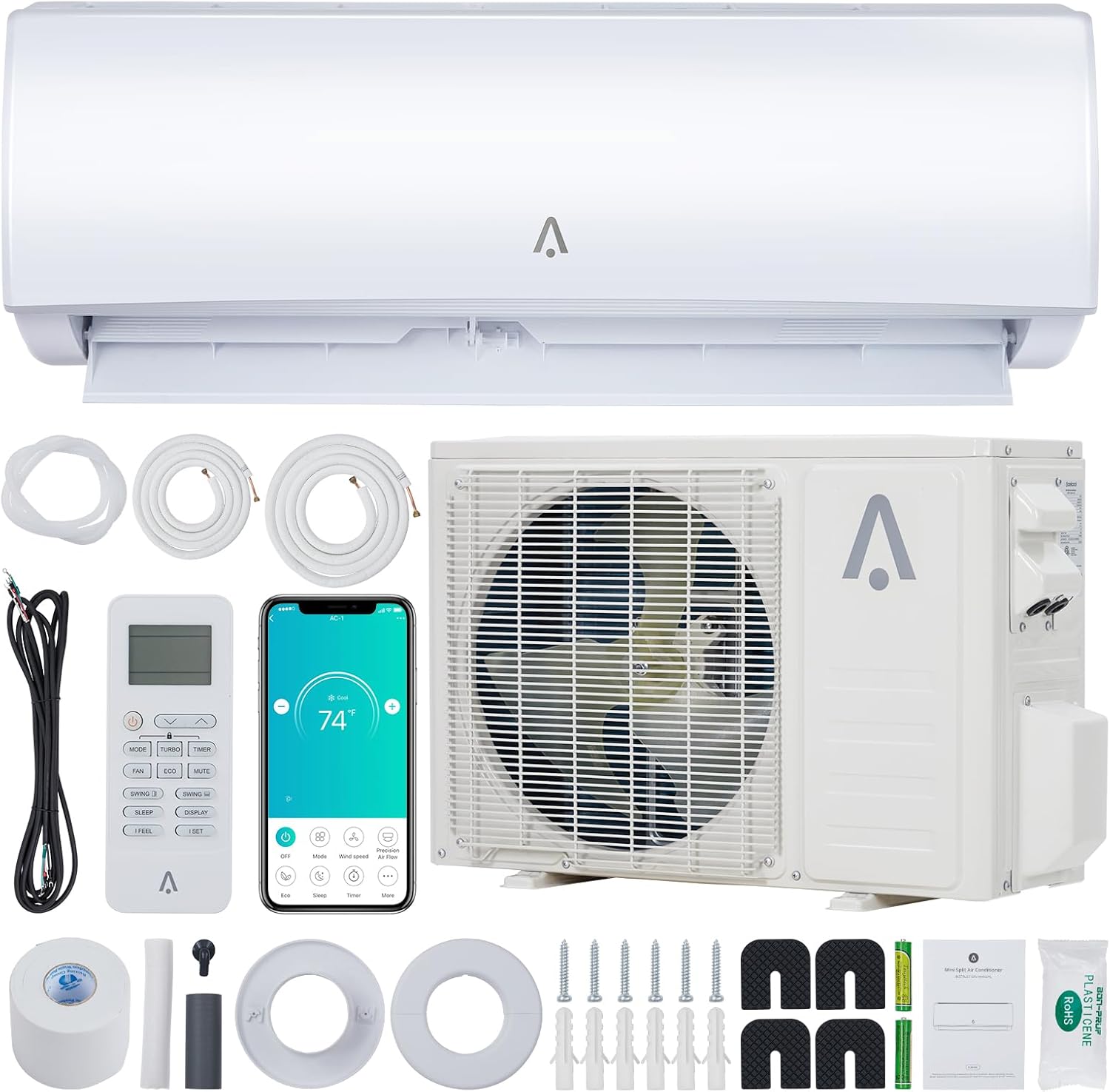 ACONEE 9000 Btu sistema de aire acondicionado/calefacción Smart Split, 19 Seer2 Inversor dividido CA con bomba de calor precargada y kit de instalación, WiFi y control remoto, enfría habitaciones de