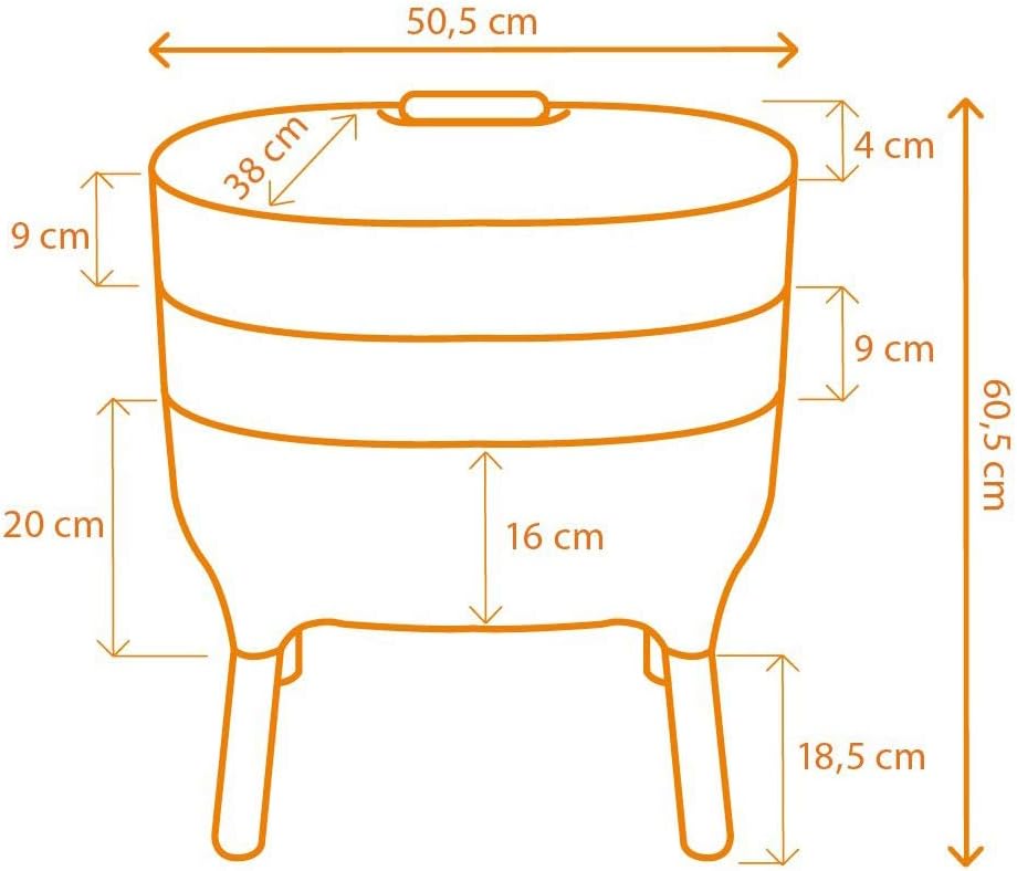 Schéma du lombricomposteur avec dimensions : 50,5 cm de large, 60,5 cm de haut, 38 cm de profondeur