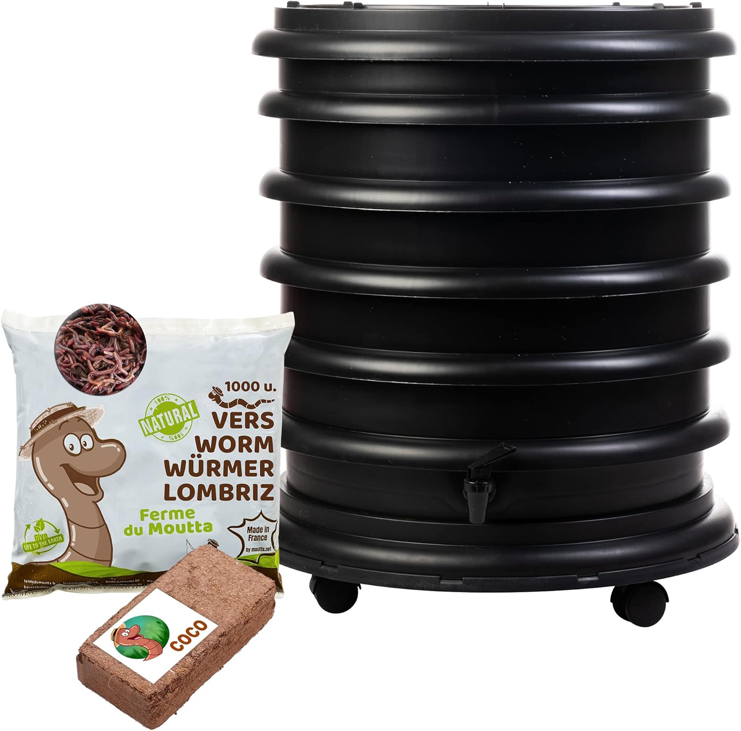 Lombricomposteur WormBox noir avec robinet, sachet de vers et bloc de coco fournis