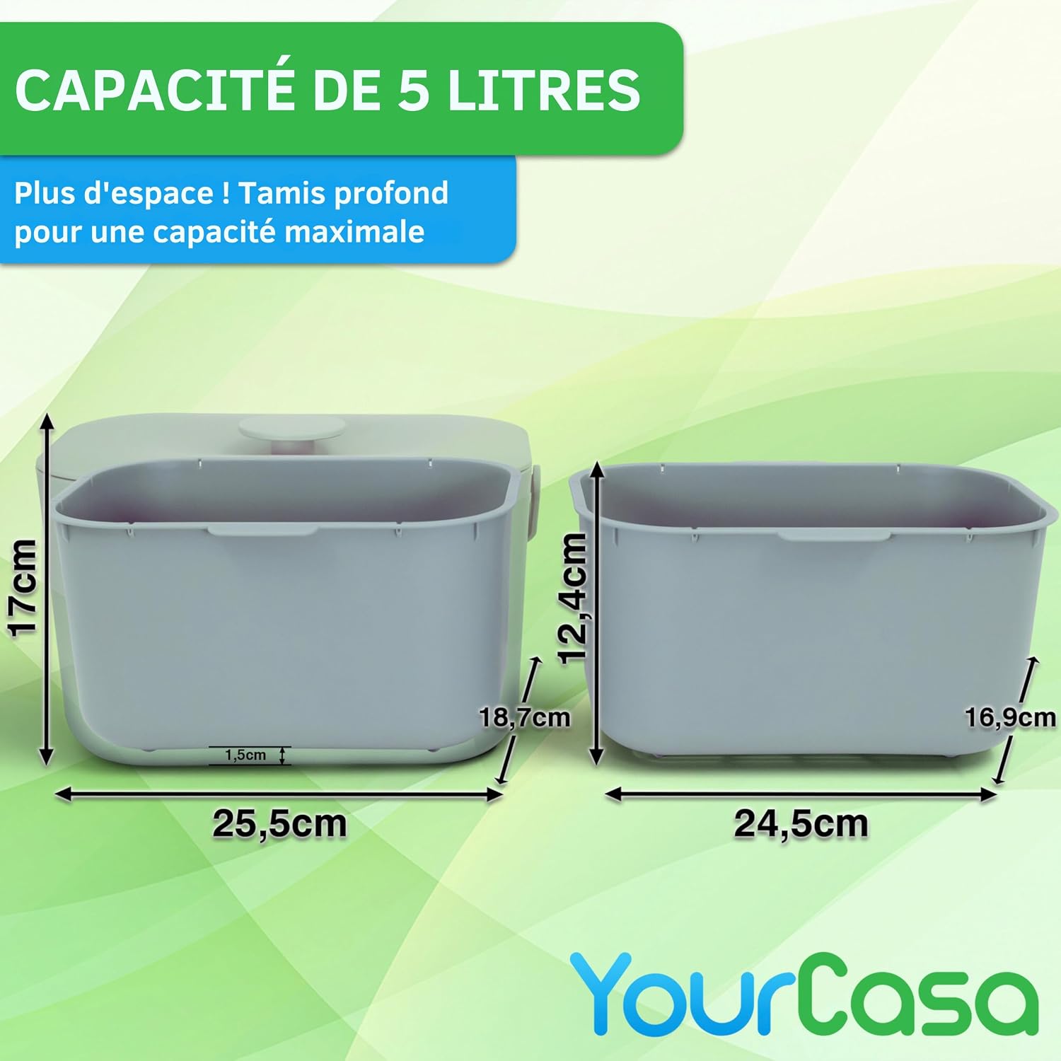 Seau à compost YourCasa avec dimensions 25,5 x 18,7 x 17 cm et capacité de 5 litres