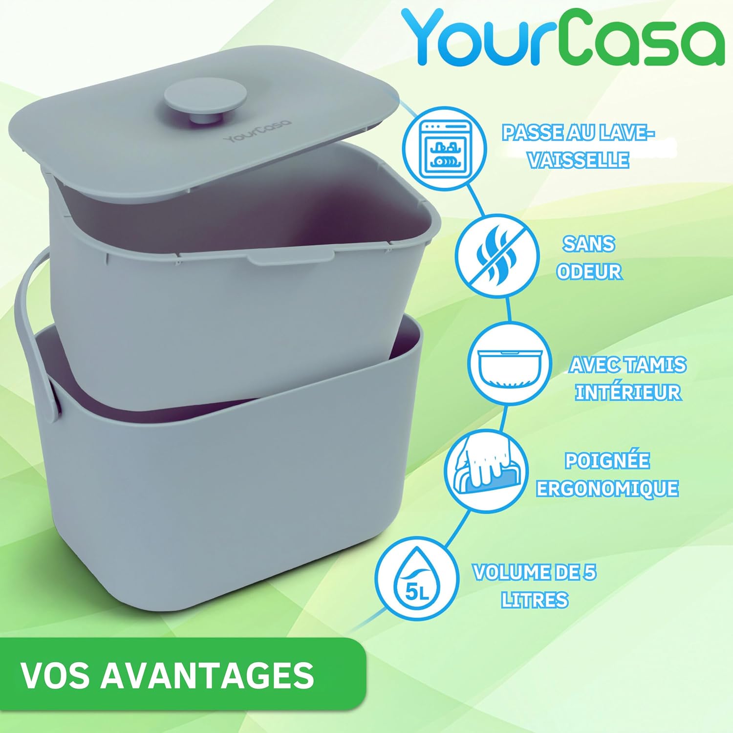 Seau YourCasa 5 L démonté : couvercle, tamis et bac, avec ses principaux avantages