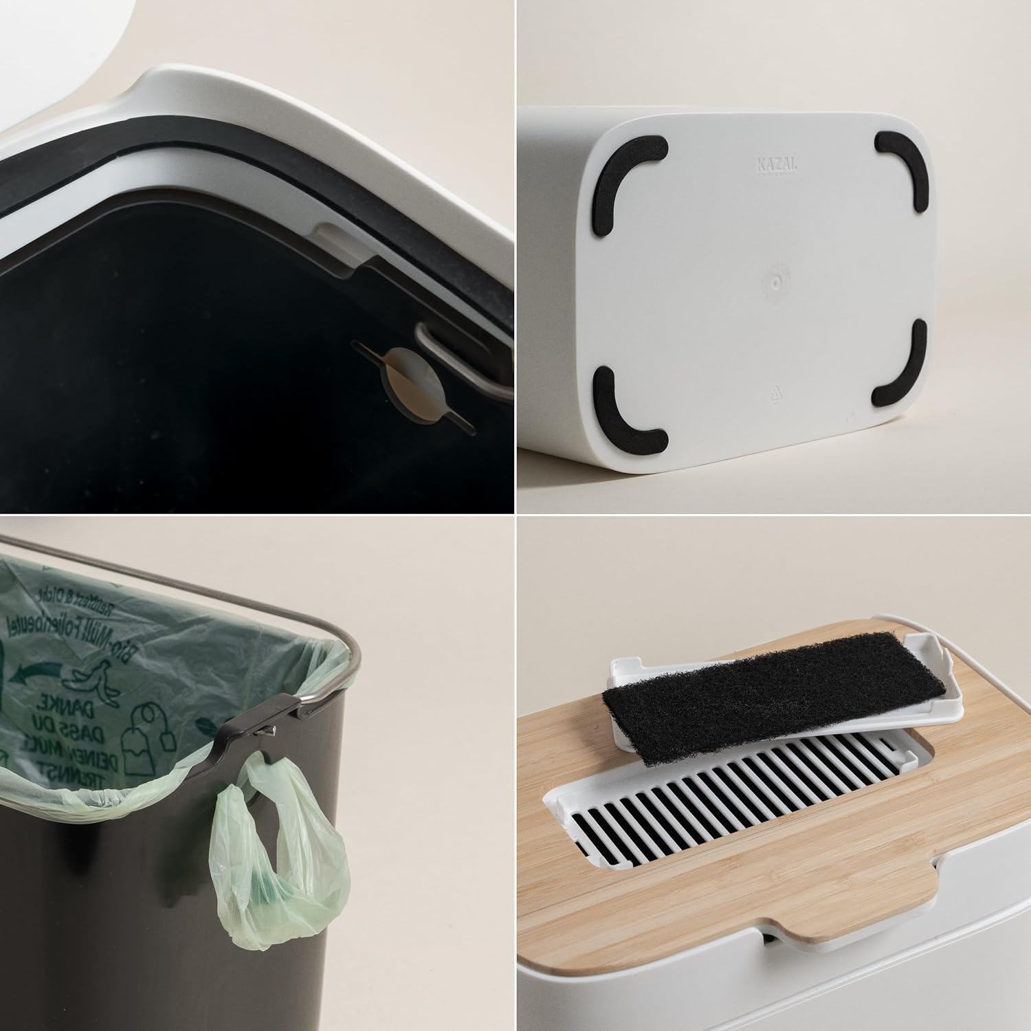 Seau &agrave; compost ouvert : base antid&eacute;rapante, joint, sac compostable et filtre &agrave; charbon sous le couvercle