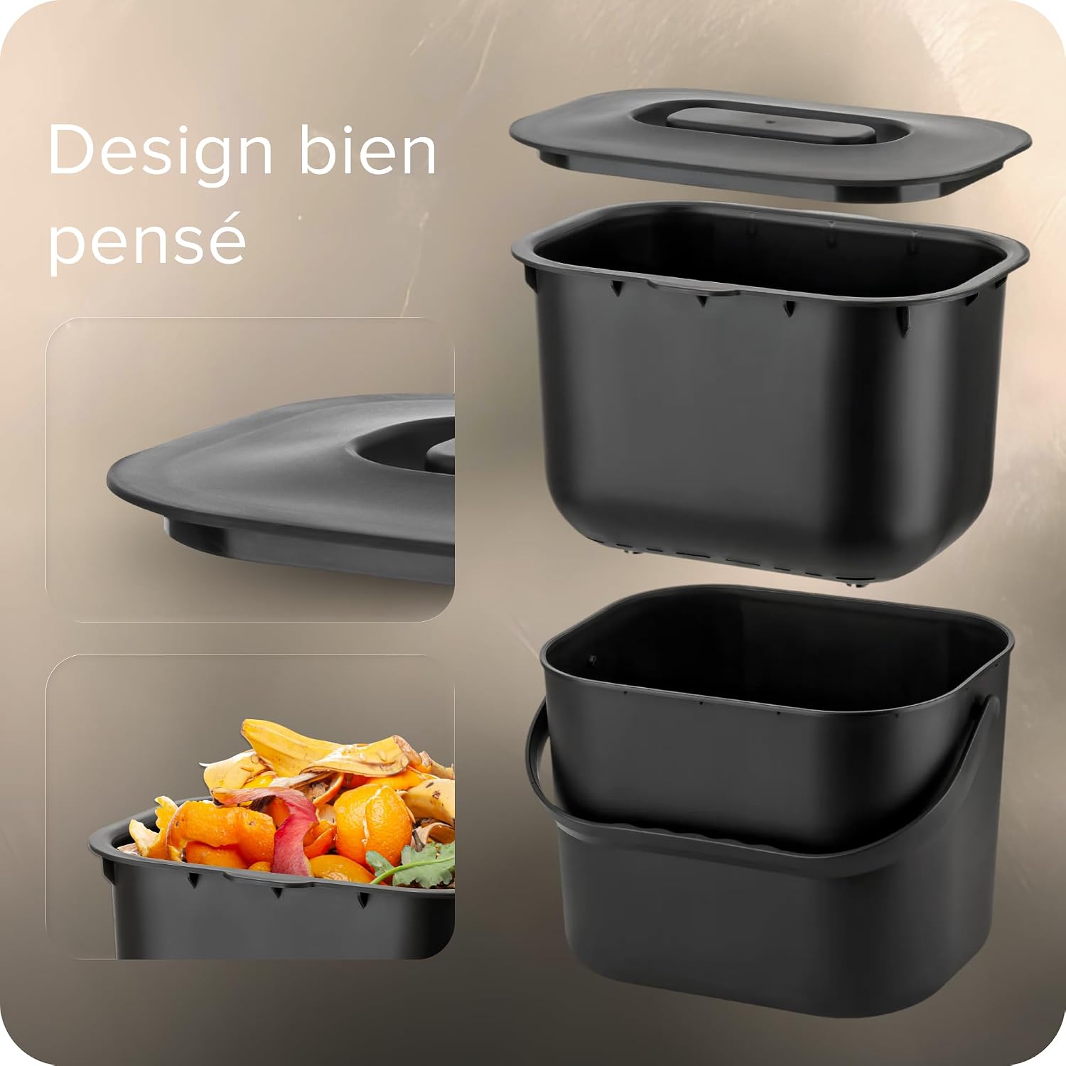 Seau à compost démonté : couvercle, panier perforé rempli dépluchures et seau extérieur