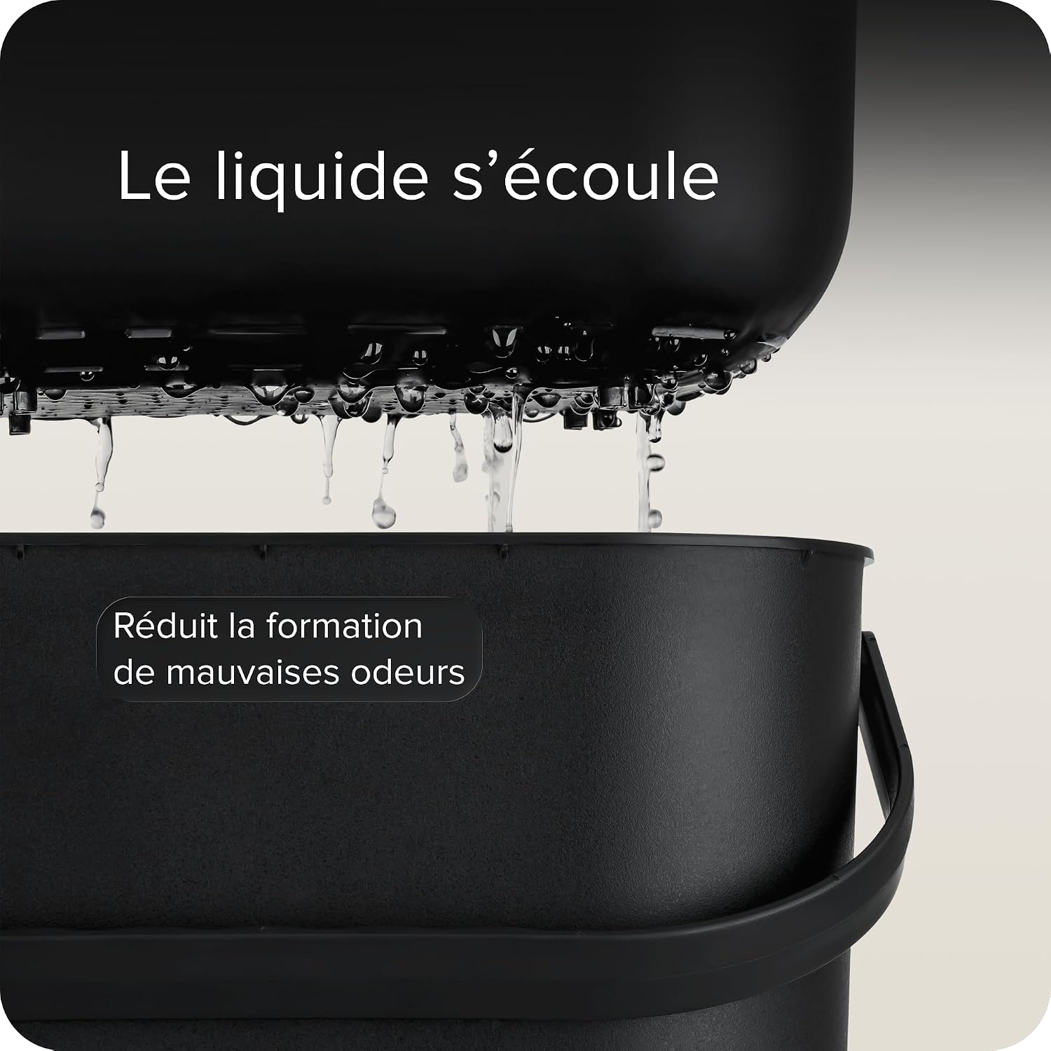 Gouttes de liquide sécoulant du panier perforé vers le fond du seau pour limiter les odeurs