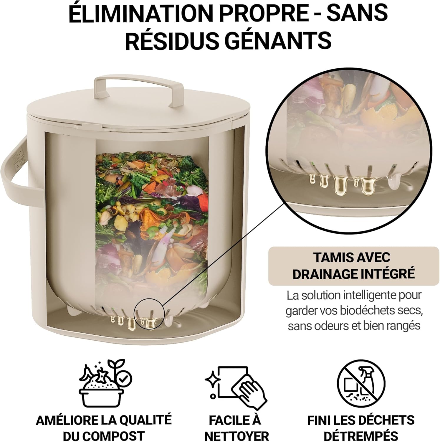 Coupe du seau montrant le tamis avec drainage intégré qui garde les déchets au sec