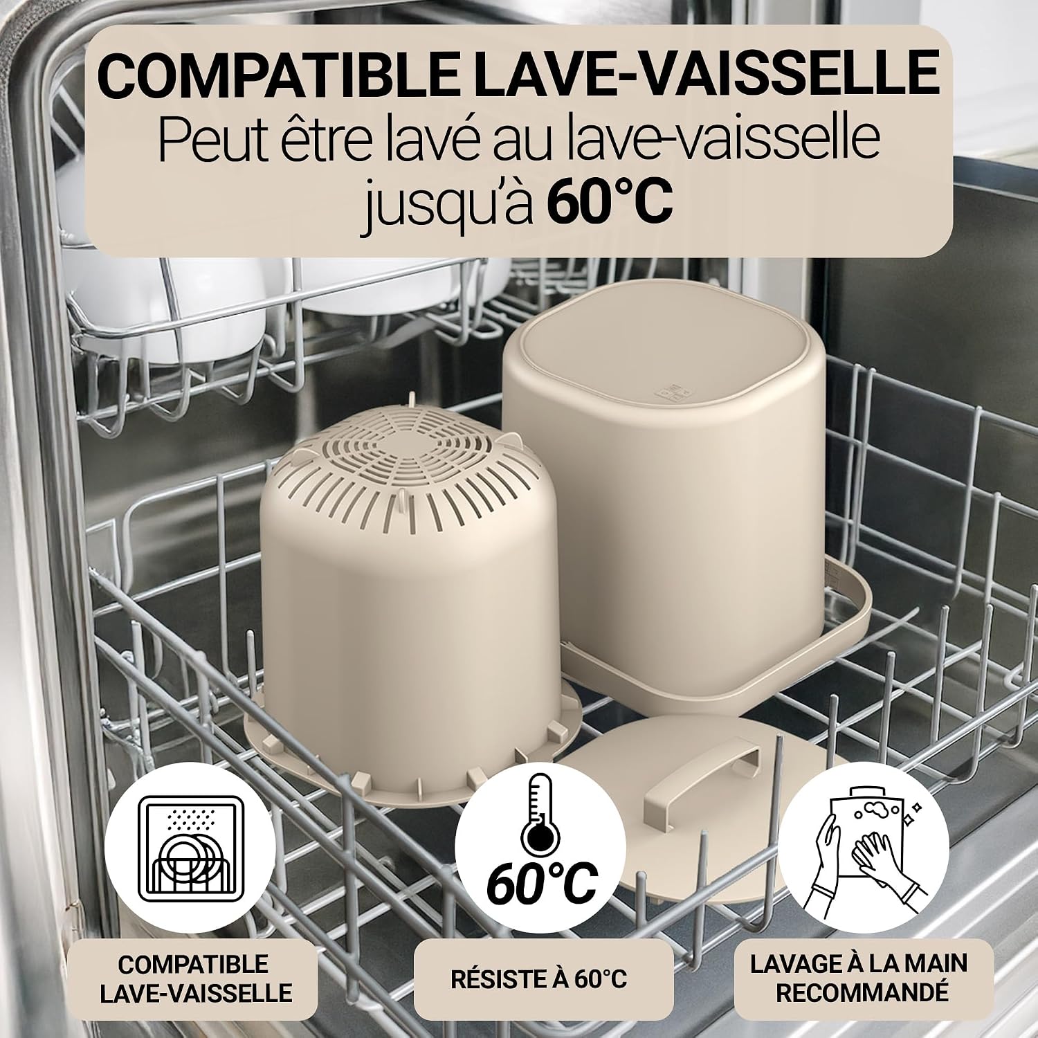 Seau, tamis et couvercle placés dans un lave-vaisselle, lavables jusquà 60 °C