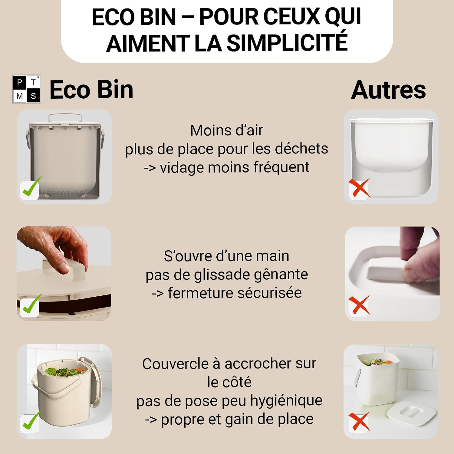 Tableau comparatif du seau Eco Bin face à dautres modèles : volume, ouverture dune main, couvercle à accrocher